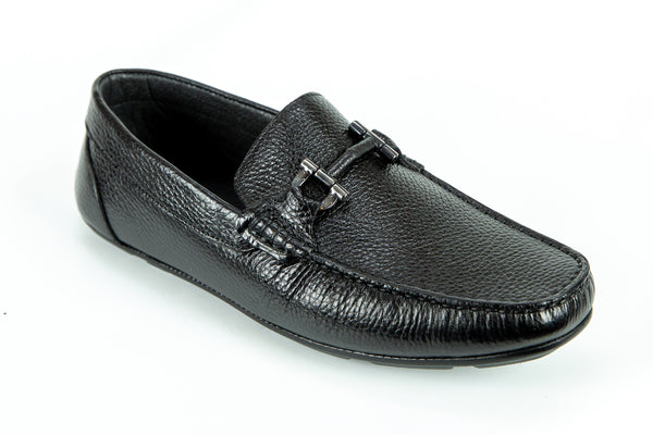 242 - Comflex Men's Dress Black Textured Leather Comfort Slip On Buckle Shoe With Removable Insole Loafers Moccasin Toe Driver Sole