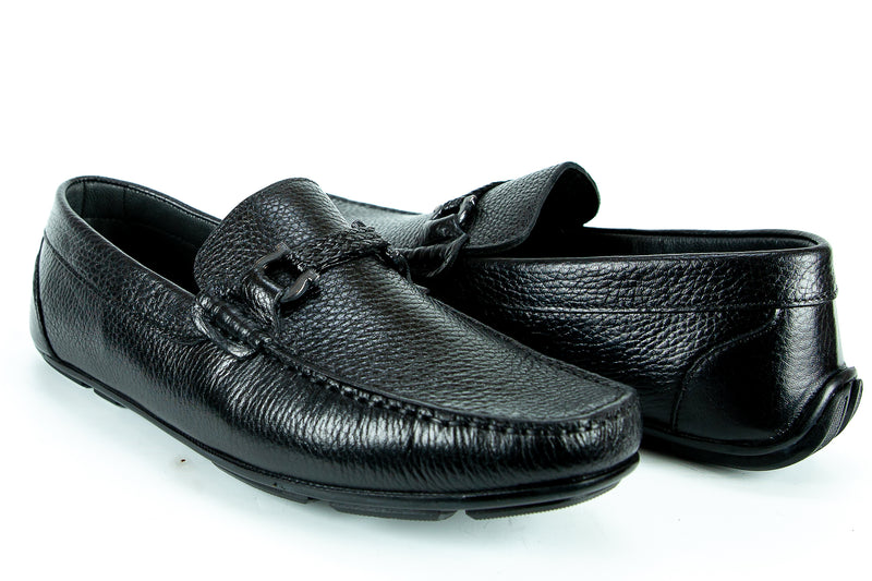246 - Comflex Men's Dress Black Textured Leather Comfort Slip On Buckle Shoe With Removable Insole Loafers Moccasin Toe Driver Sole