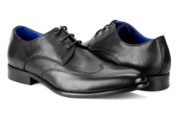 Hazleton - Regal Men's Dress Black Textured Leather Lace Shoe Wing Tip Thin Elegant Rubber Sole