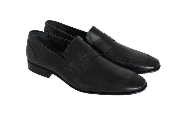 6374-OPS/962 - Mirage Men's Dress Black Leather Slip On Shoe Apron Toe Textured Penny Strap Thin Leather Sole With Protector