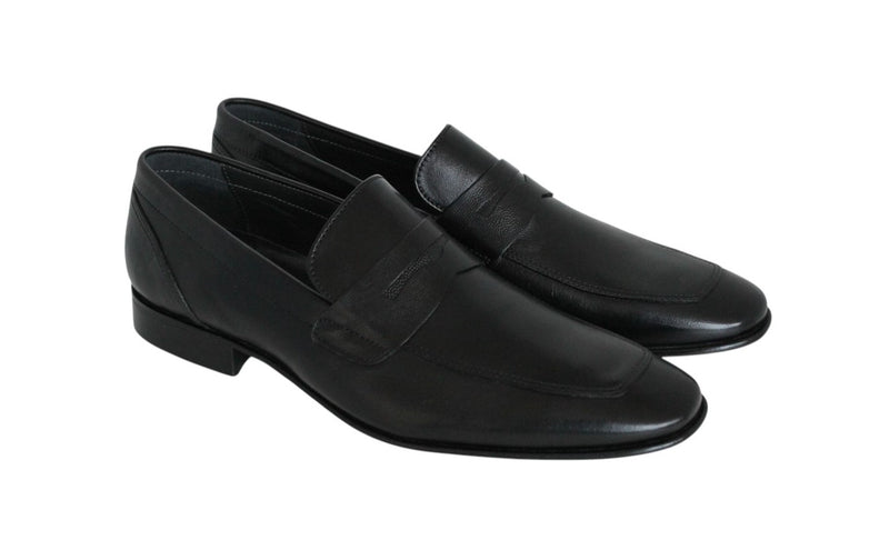 6374-OPS/962 - Mirage Men's Dress Black Leather Slip On Shoe Apron Toe Textured Penny Strap Thin Leather Sole With Protector