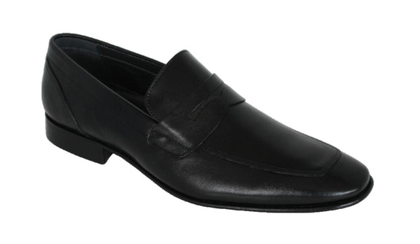 6374-OPS/962 - Mirage Men's Dress Black Leather Slip On Shoe Apron Toe Textured Penny Strap Thin Leather Sole With Protector