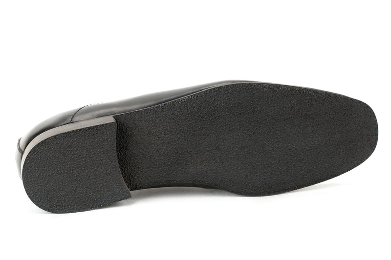 6840 - Junior Boy's Dress Black Leather Slip On Shoe Apron Toe Bike Toe Thin Junior  Rubber Sole