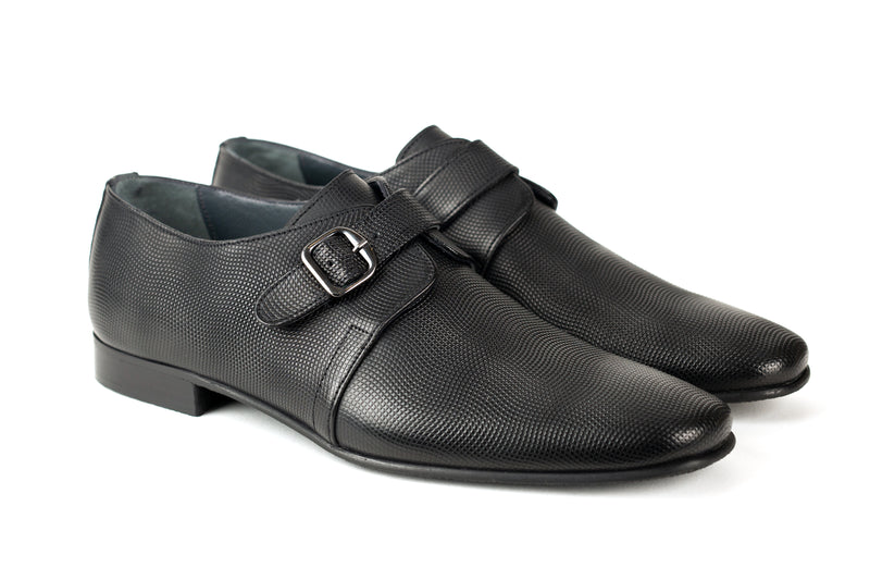 6952 513 - Junior Boy's Dress Black Wave Print Leather Buckle Shoe Plain Toe Thin Junior  Rubber Sole