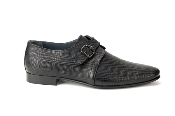 6952 513 - Junior Boy's Dress Black Wave Print Leather Buckle Shoe Plain Toe Thin Junior  Rubber Sole