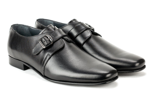 6952-R - Junior Boy's Dress Black Leather Buckle Shoe Plain Toe Thin Junior Rubber Sole