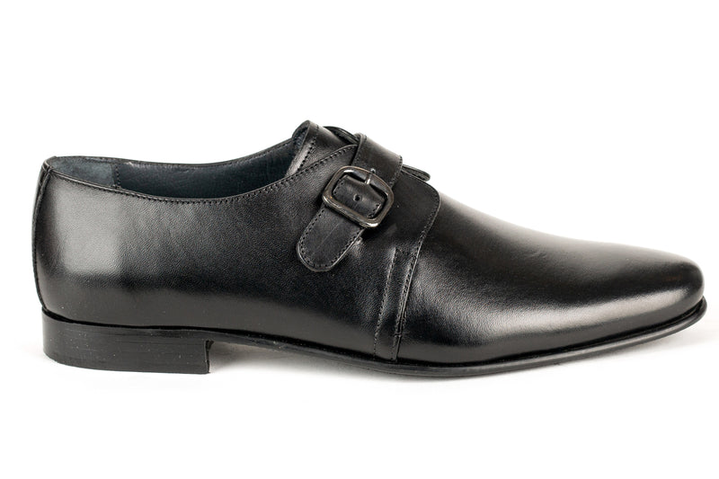 6952-R - Junior Boy's Dress Black Leather Buckle Shoe Plain Toe Thin Junior Rubber Sole