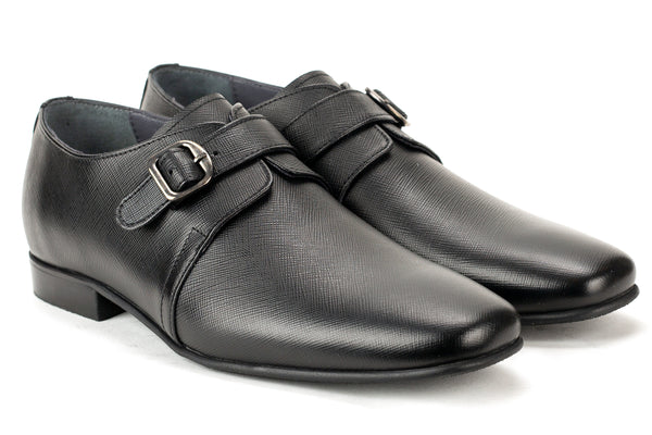 6952-S - Junior Boy's Dress Black Safiano Leather Buckle Shoe Plain Toe Thin Junior Rubber Sole