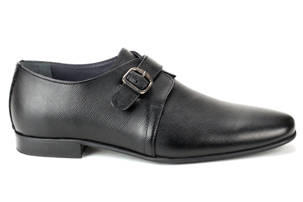 6952-S - Junior Boy's Dress Black Safiano Leather Buckle Shoe Plain Toe Thin Junior Rubber Sole