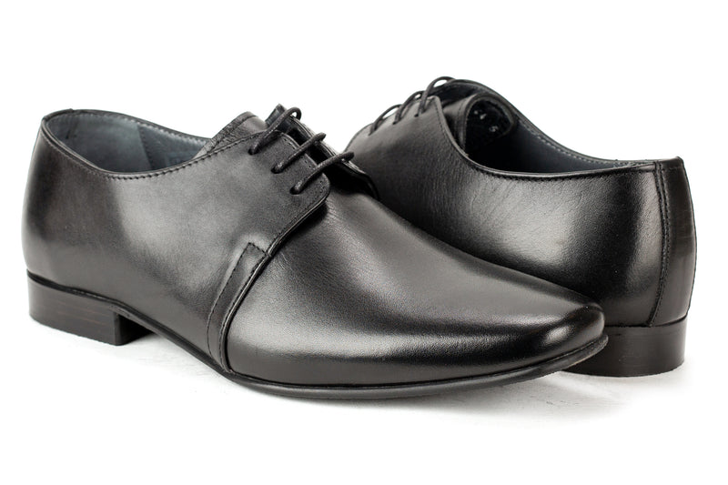 7006-R - Junior Boy's Dress Black Leather Lace Shoe Plain Toe Thin Junior Rubber Sole