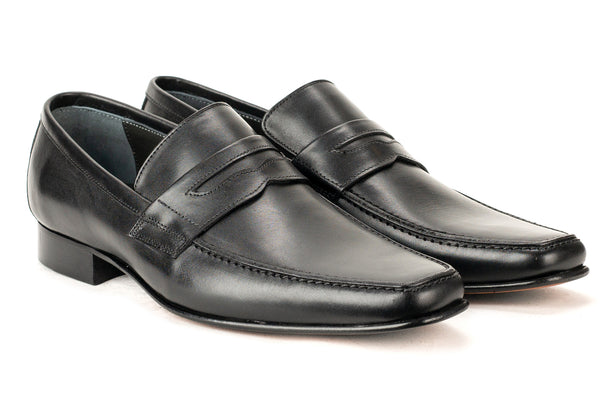 7651 - Mirage Men's Dress Black Slip On Shoe Moccasin Stitch Penny Strap Thin Leather Sole