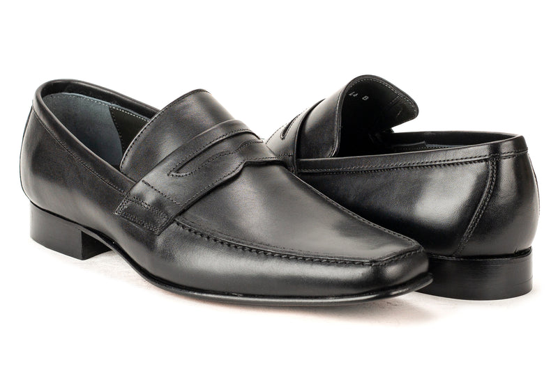 7651 - Mirage Men's Dress Black Slip On Shoe Moccasin Stitch Penny Strap Thin Leather Sole