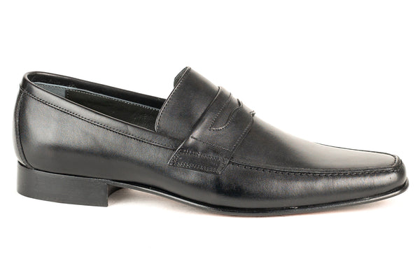 7651 - Mirage Men's Dress Black Slip On Shoe Moccasin Stitch Penny Strap Thin Leather Sole