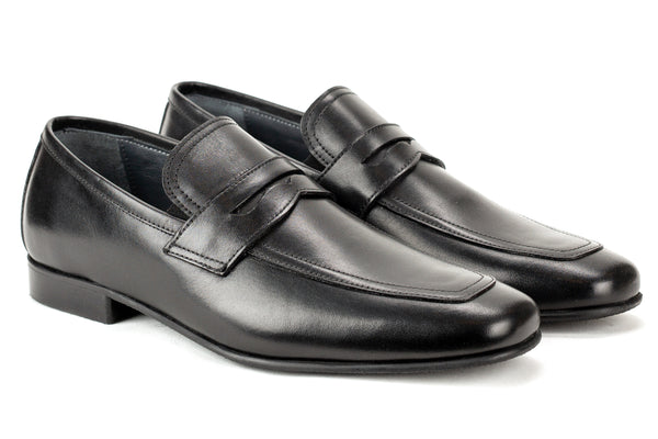 7966 - Junior Boy's Dress Black Leather Slip On Shoe Apron Toe Penny Strap Thin Junior Rubber Sole