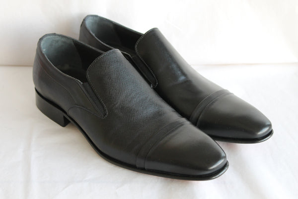 8093 - Mirage Men's Dress Slip On Shoe Double Cap Toe Black Safiano Leather Thin Sole