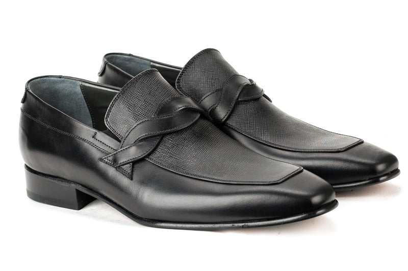 8616-S - Mirage Men's Dress Slip On Shoe Apron Toe Braided Strap Safiano Black Thin Leather Sole