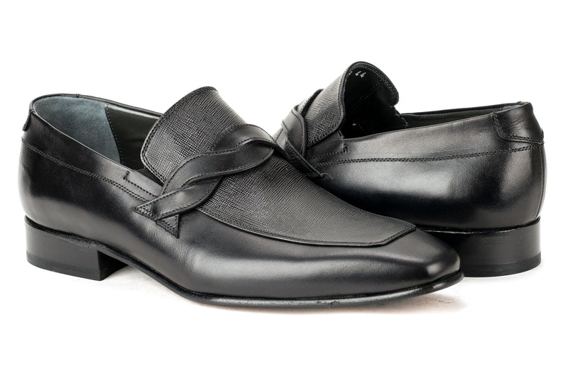 8616-S - Mirage Men's Dress Slip On Shoe Apron Toe Braided Strap Safiano Black Thin Leather Sole