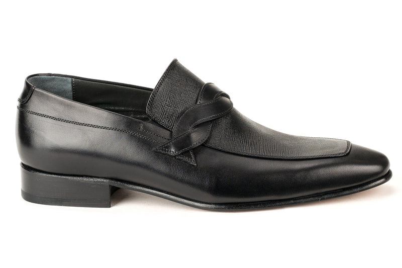 8616-S - Mirage Men's Dress Slip On Shoe Apron Toe Braided Strap Safiano Black Thin Leather Sole