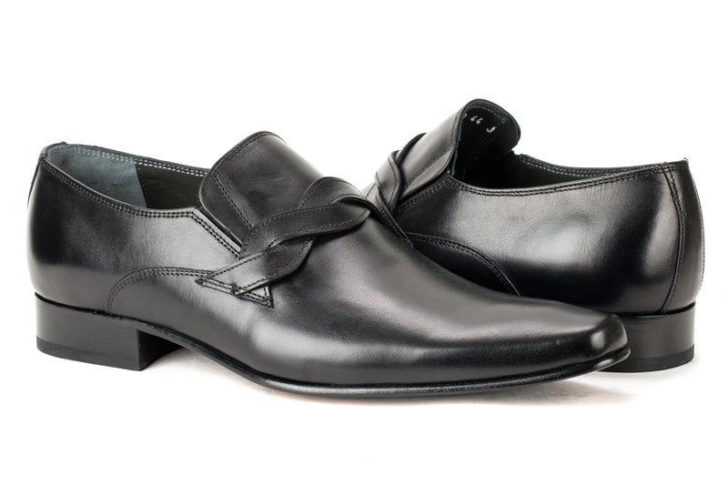 8656 - Mirage Men's Dress Black Slip On Shoe Plain Toe Braided Strap Thin Leather Sole