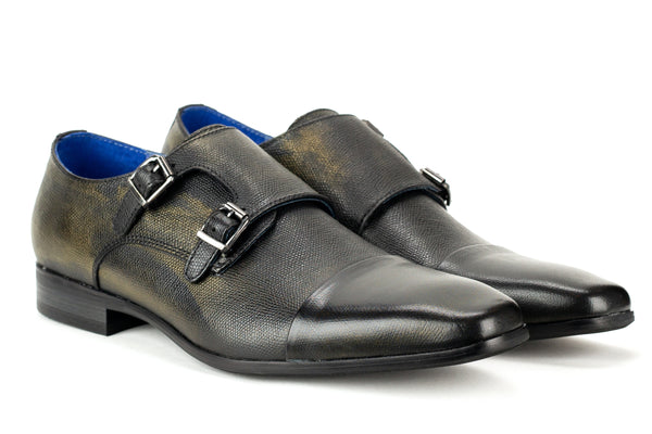 Davis - Regal Men's Dress Black Grained Leather Double Monk Strap Shoe Cap Toe Elegant Rubber Sole