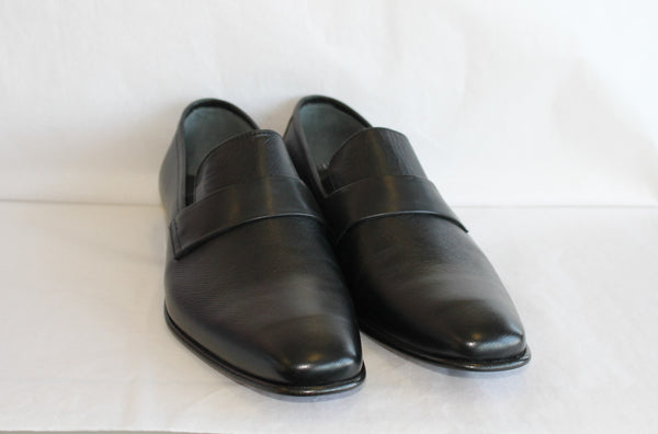 6930 - Mirage Men's Dress Slip On Shoe Plain Toe Black Safiano Leather With Plain Leather Strap Thin Sole