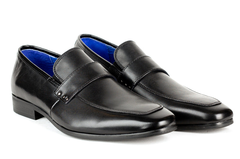 Lancaster - Regal Men's Dress Black Leather Slip On Shoe Apron Toe Studded Strap Elegant Rubber Sole