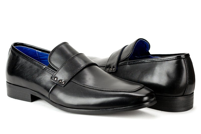 Lancaster - Regal Men's Dress Black Leather Slip On Shoe Apron Toe Studded Strap Elegant Rubber Sole