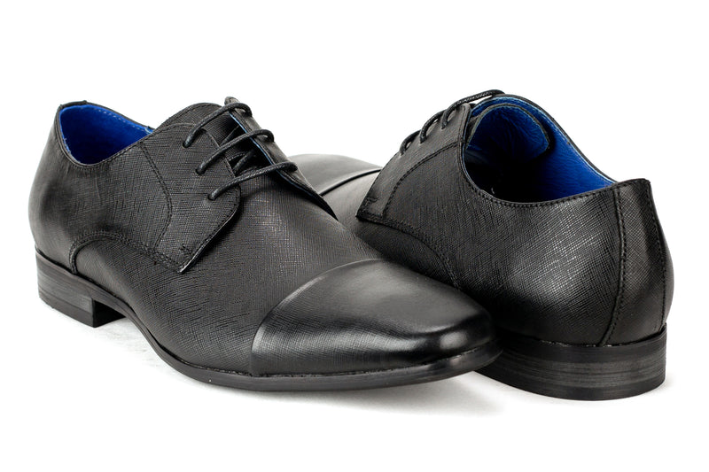 Oakland-2 - Regal Men's Dress Black Safiano Leather Lace Shoe Cap Toe Elegant Rubber Sole