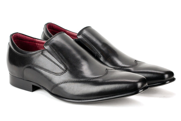 Pottstown - Regal Men's Dress Black Leather Slip On Shoe Wing Tip Thin Elegant Rubber Sole